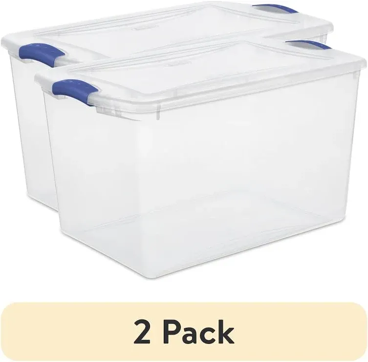 Photo 1 of (2 pack) Sterilite Large Storage Bin, 66 Quart Clear Plastic Storage Container with Latch Lid, Blue Latch, Size: 66 qt