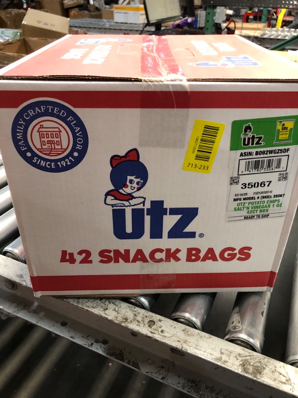 View 2 of ***EXP: 02/16/26***Utz Salt & Vinegar 1 oz. Bags, 42 Count Crispy Fresh Potato Chips, Crunchy Individual Snacks to Go, Cholesterol, Trans-Fat & Gluten Free
