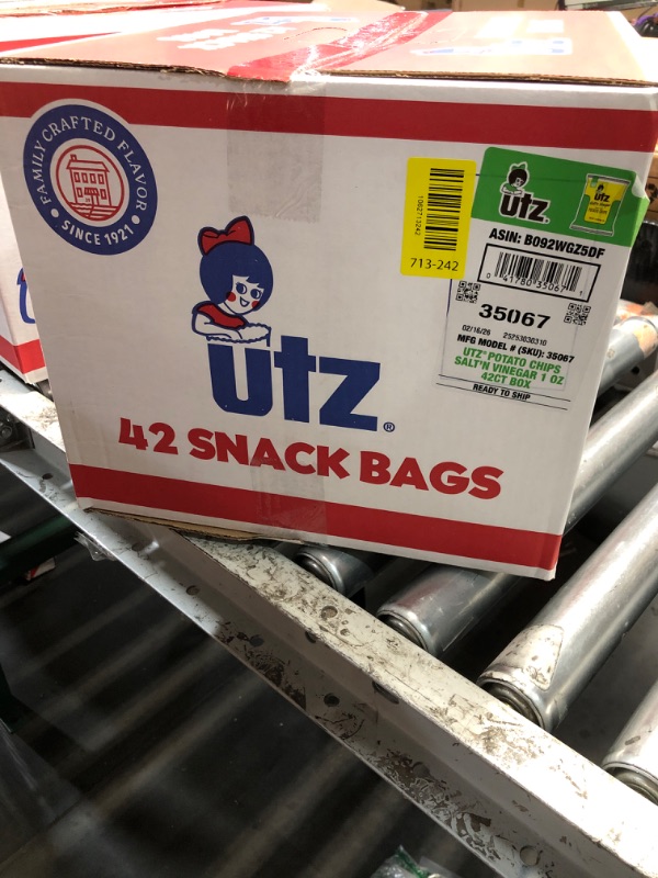 View 2 of ***EXP: 02/16/26***Utz Salt & Vinegar 1 oz. Bags, 42 Count Crispy Fresh Potato Chips, Crunchy Individual Snacks to Go, Cholesterol, Trans-Fat & Gluten Free