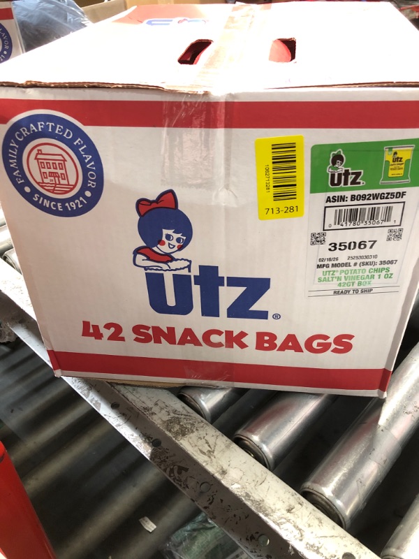 View 2 of ***EXP:02/16/2026***Utz Salt & Vinegar 1 oz. Bags, 42 Count Crispy Fresh Potato Chips, Crunchy Individual Snacks to Go, Cholesterol, Trans-Fat & Gluten Free
