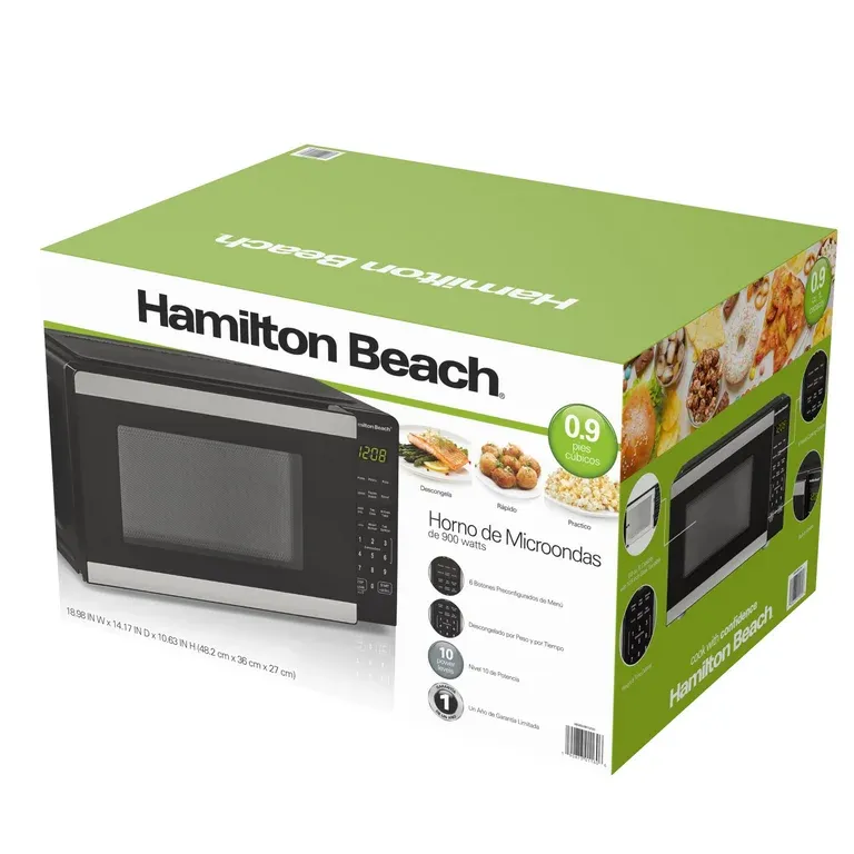 Photo 1 of ***DAMAGED - SEE NOTES/PICTURES***Hamilton Beach 0.9 Cu ft Countertop Microwave Oven, 900 Watts, Stainless Steel, New