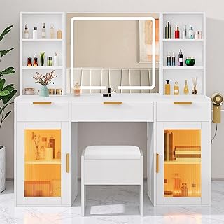 Photo 1 of ***No mirror ****
DWVO 56.3" Makeup Vanity with LED Lighted Mirror, Large Vanity Desk with RGB Glass Cabinets, Open Shelving, Built-in Power Strip & Cushioned Stool