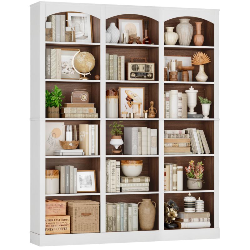 Photo 1 of ***BLACK*** FACBOTALL 71" Triple Wide Bookshelf, 6 Tier Tall Bookshelf, Large Bookcase with Curved Baffle, 63.4" Wide Book Shelf with 18 Open Display Shelves for Living Room, Study, Walnut and White