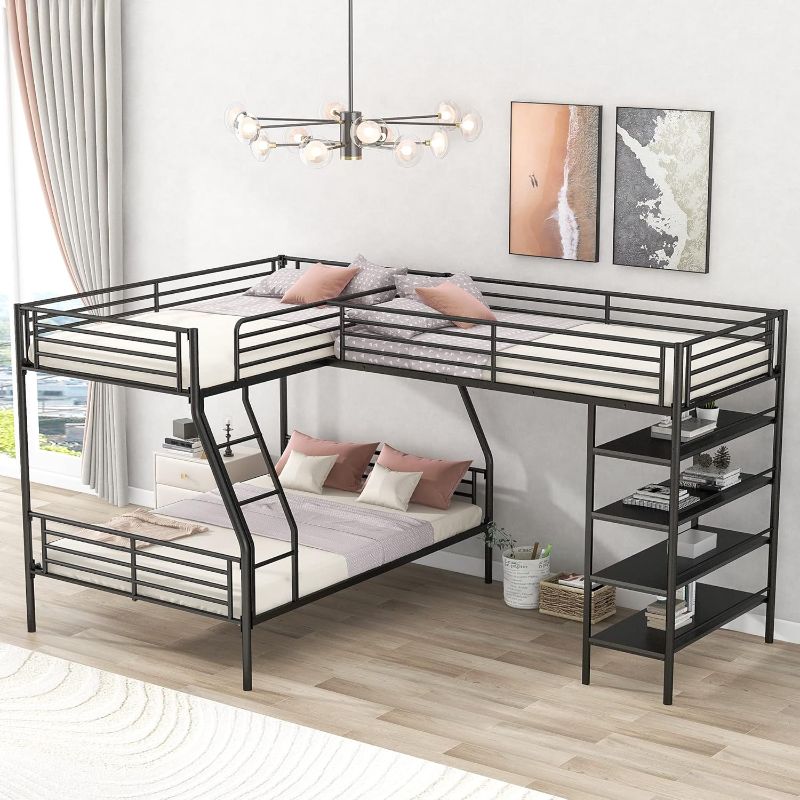 Photo 1 of ***PARTIAL SET (BOX #2 OF 2)*** 
P PURLOVE Twin Over Full L-Shaped Bunk Bed and Twin Size Loft Bed with Ladder and Safety Guardrail, Metal Bunk Bed Frame with Four Built-in Shelves, for 4, Bedroom, Home, No Box Spring Needed, Black