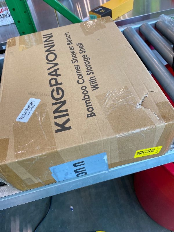Photo 1 of *MISSING PARTS - see clerk notes*
KingPavonini Bamboo Corner Shower Stool for Shaving Legs Foot Rest, Waterproof Bath Bench Seat with Storage Shelf for Bathroom Inside Shower, Hold Up to 450Lbs