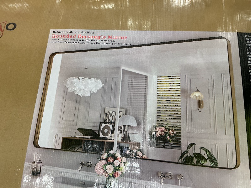 Photo 1 of *MAJOR DAMAGE*
LOAAO 72X40 Inch Bathroom Mirror with Wood Grain Colored Metal Frame, Rounded Rectangle Metal Framed Bathroom Mirror, Anti-Rust, Hangs Horizontally or Vertically, Tempered Glass