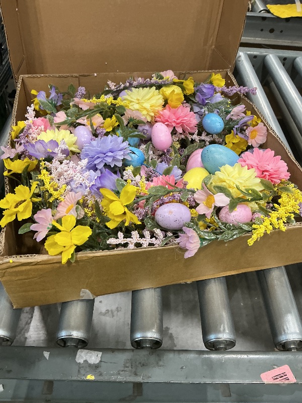 Photo 1 of **parts only** zjlmit Artificial Easter Wreath 20 Inch Easter Wreaths for Front Door with Colorful Eggs Yellow Daisy Purple Lavender and Green Leaves Egg Wreath for Porch Window Farmhouse and Party Decoration