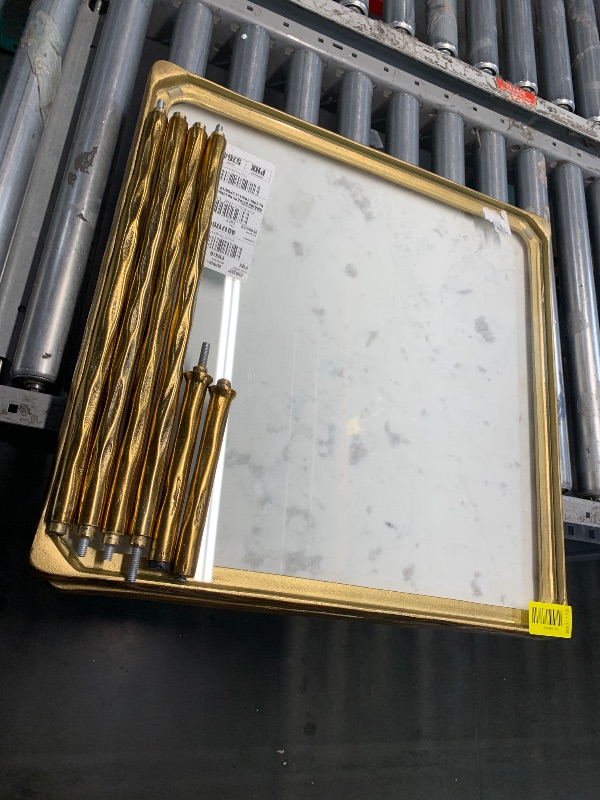 Photo 1 of ***MISSING 2 FEET***
Signature Design by Ashley Ryandale Square Accent Table for Living Room, Sand?Casted Aluminum Frame With Brass Finish, Glass Top and White Marble Shelf, 21" Size