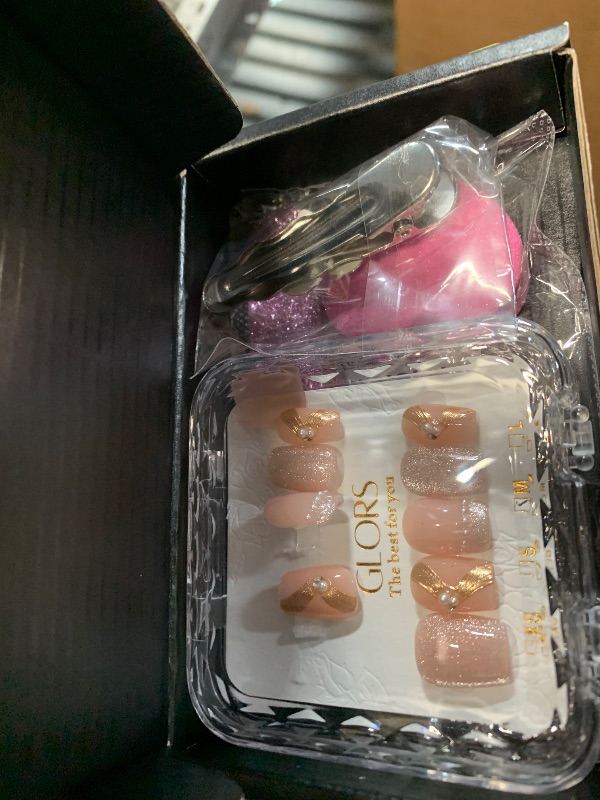 Photo 1 of [GLORS] Purely Handmade Press On Nails | Elegant French Pink Pearl Gold Fake False Nail | Salon Quality in Short Square shape, 10 pieces (Medium, SS)