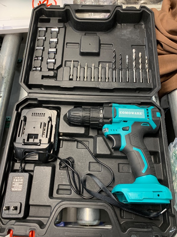 Photo 1 of ***MISSING PIECES***
COMOWARE 20V Cordless Drill, Electric Power Drill Set with 1 Battery & Charger, 3/8” Keyless Chuck, 2 Variable Speed, 266 In-lb Torque, 25+1 Position and 34pcs Drill/Driver Bits