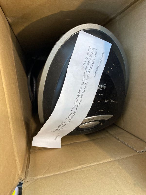 Photo 1 of *UNTESTED*
Lasko 1500W Ceramic Tower Space Heater with Remote, Thermostat, Timer & Widespread Oscillation, Portable Electric Heater for Indoor Use, Bedroom & Living Room, 751320