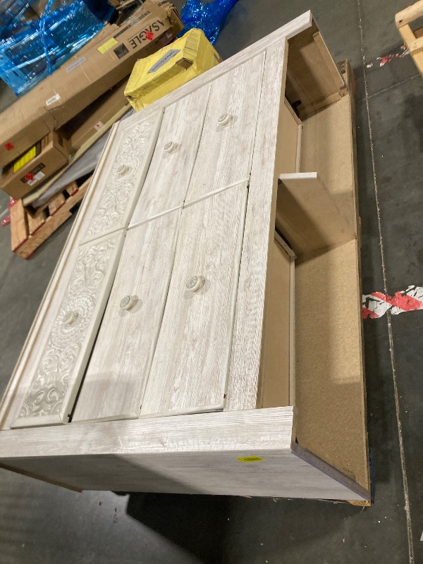 Photo 1 of ** USED / DAMAGE MINOR *** Signature Design by Ashley Paxberry Boho 6 Drawer Dresser, Smooth-gliding Faux Laminate Lined Drawers, Wood, 61.26" W x 15.83" D x 40" H, Whitewash