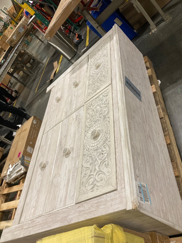 Photo 1 of ** USED / DAMAGE MINOR *** Signature Design by Ashley Paxberry Boho 6 Drawer Dresser, Smooth-gliding Faux Laminate Lined Drawers, Wood, 61.26" W x 15.83" D x 40" H, Whitewash