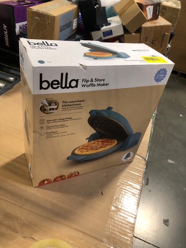 Photo 1 of *USED*
bella Flip-n-Store Waffle Maker, EverGood™ Ceramic Nonstick Coating, Fits-anywhere™ Kitchenware, Power Indicator Light & Touch Handle, 7” Wide & 1" Deep Plates, 1000 Watt, Surf