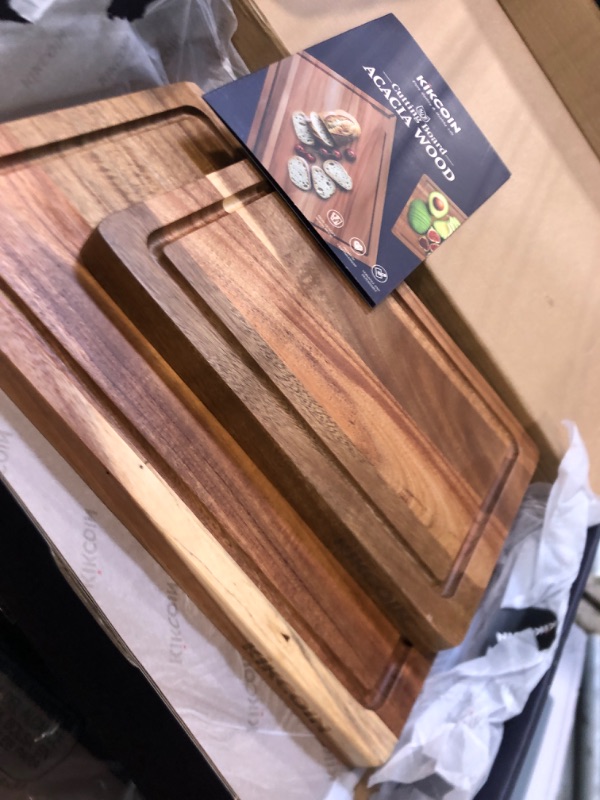 Photo 1 of **2 PCS**Kikcoin Wood Cutting Boards for Kitchen, 3 PCS Wooden Cutting Board Set with Holder, Chopping Board with Built-In Compartments and Juice Groove, Solid Charcuterie Board Serving Tray Wood Butcher Block