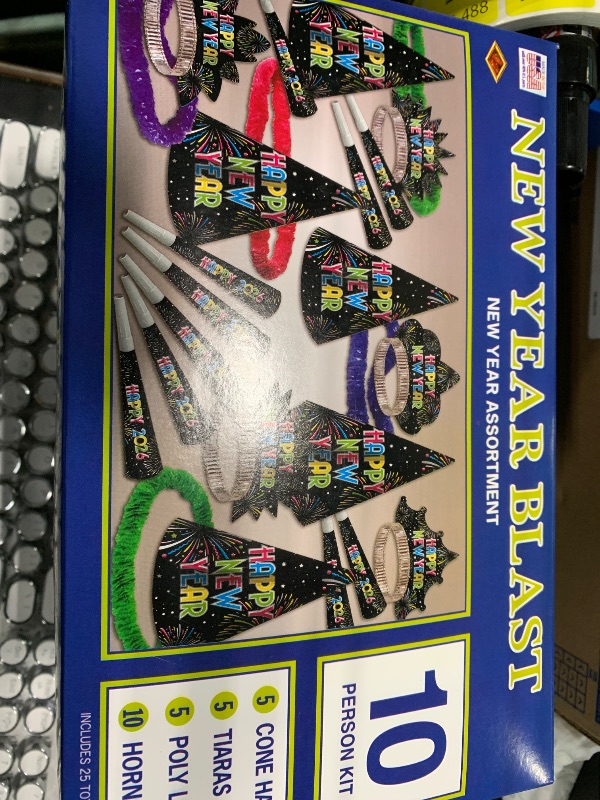 Photo 1 of ** similar**Beistle Midnight Blue New Year Party Kit for 10 – Celebration Set of NYE Accessories, Cone Hats, Fringed Tiaras & Foil Horns, Elegant Metallic Navy & Gold New Year’s Eve Countdown Headwear Supplies