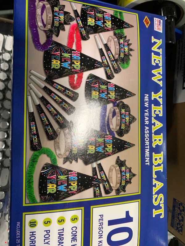 Photo 1 of **SIMILAR**Beistle Midnight Blue New Year Party Kit for 10 – Celebration Set of NYE Accessories, Cone Hats, Fringed Tiaras & Foil Horns, Elegant Metallic Navy & Gold New Year’s Eve Countdown Headwear Supplies