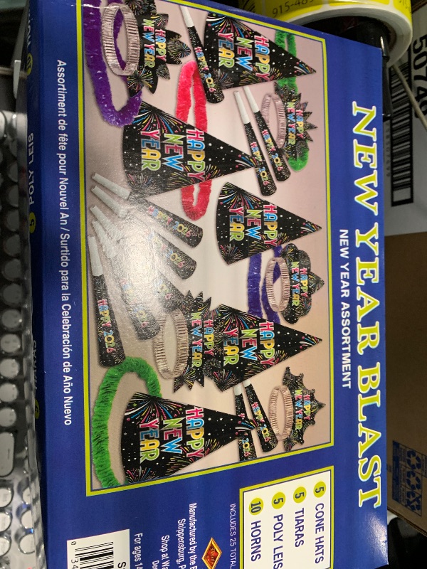 Photo 1 of **SIMILAR**Beistle Midnight Blue New Year Party Kit for 10 – Celebration Set of NYE Accessories, Cone Hats, Fringed Tiaras & Foil Horns, Elegant Metallic Navy & Gold New Year’s Eve Countdown Headwear Supplies