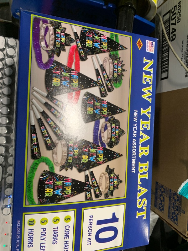 Photo 1 of **SIMILAR**Beistle Midnight Blue New Year Party Kit for 10 – Celebration Set of NYE Accessories, Cone Hats, Fringed Tiaras & Foil Horns, Elegant Metallic Navy & Gold New Year’s Eve Countdown Headwear Supplies