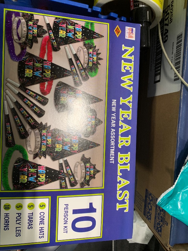 Photo 1 of **SIMILAR**Beistle Midnight Blue New Year Party Kit for 10 – Celebration Set of NYE Accessories, Cone Hats, Fringed Tiaras & Foil Horns, Elegant Metallic Navy & Gold New Year’s Eve Countdown Headwear Supplies