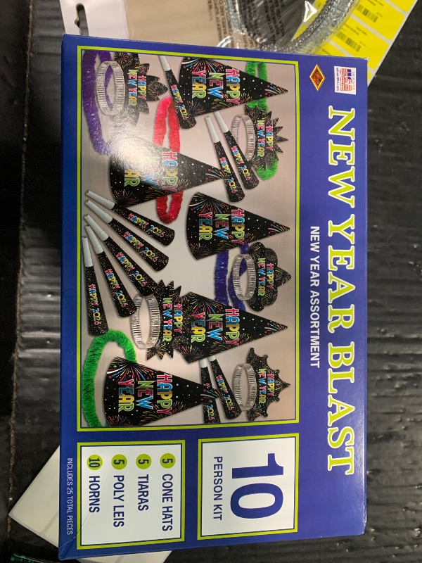 Photo 1 of **SIMILAR**Beistle Midnight Blue New Year Party Kit for 10 – Celebration Set of NYE Accessories, Cone Hats, Fringed Tiaras & Foil Horns, Elegant Metallic Navy & Gold New Year’s Eve Countdown Headwear Supplies