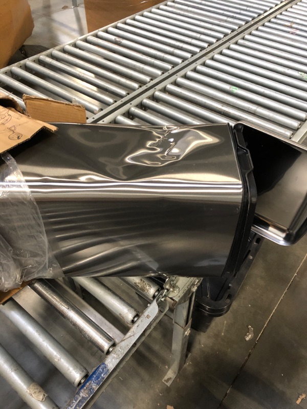 Photo 1 of **HAS A BIG DENT IN IT ***Amazon Basics Rectangular Small Trash Can with Lid and Soft-Close Foot Pedal for Bathroom, Bedroom, Living Room, Office, Smudge Resistant, 20l / 5.3 gallon, Nickel