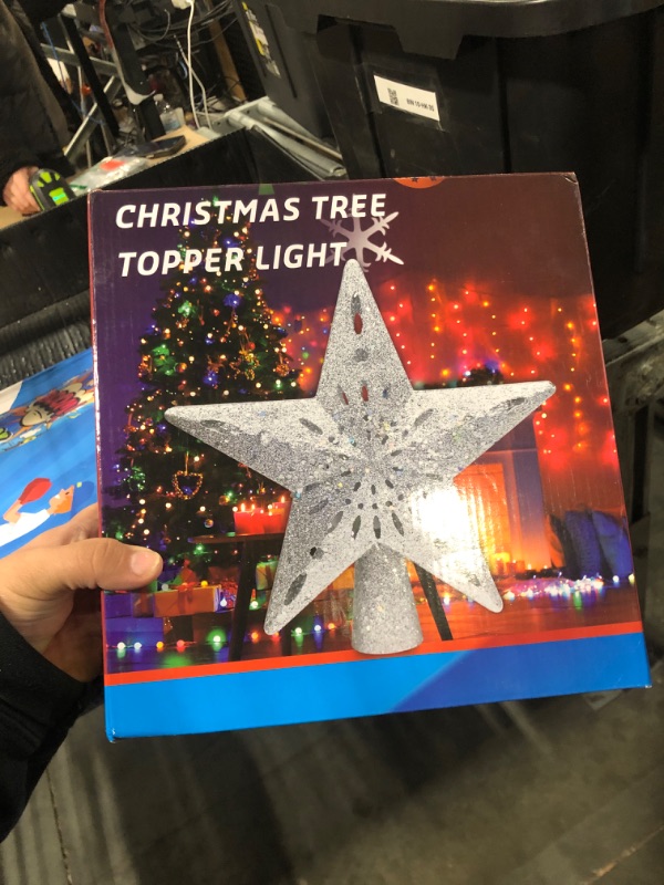 Photo 1 of 10" Christmas Tree Topper Star Lighted with 6 Projection Modes, Light Up Christmas Tree Topper Built-in LED Rotation Light, 3D Glitter Dynamic Projector Tree Top for Xmas Party Decorations Gift