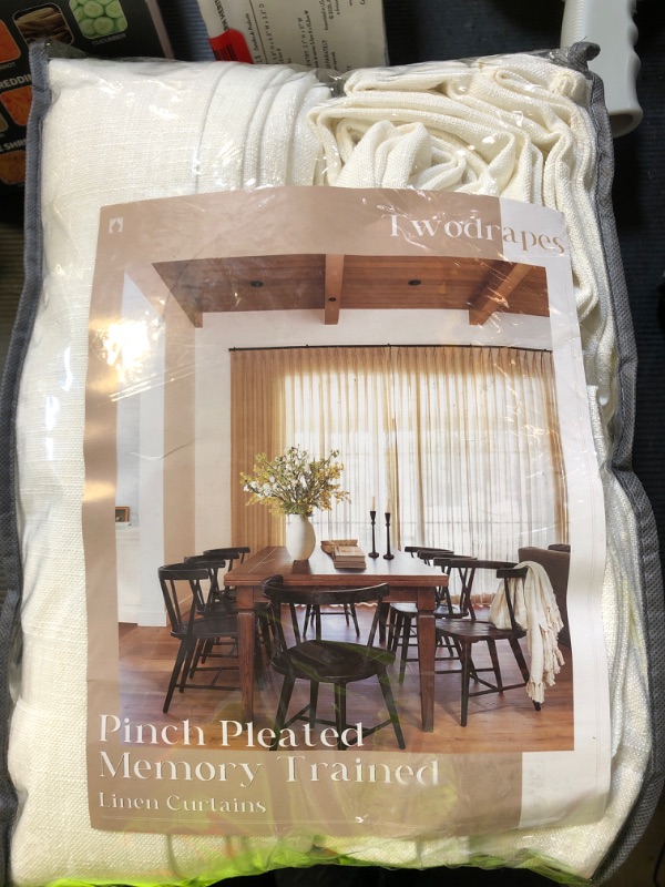 Photo 1 of Custom Made Pinch Pleated Linen Curtains 105 Inches Long for Living Room 2 Panels Set Cream Ivory Memory Pleated Drapes Back Tab Neutral Boho Ceiling Floor 105 Inch Window Curtains Natural Birch