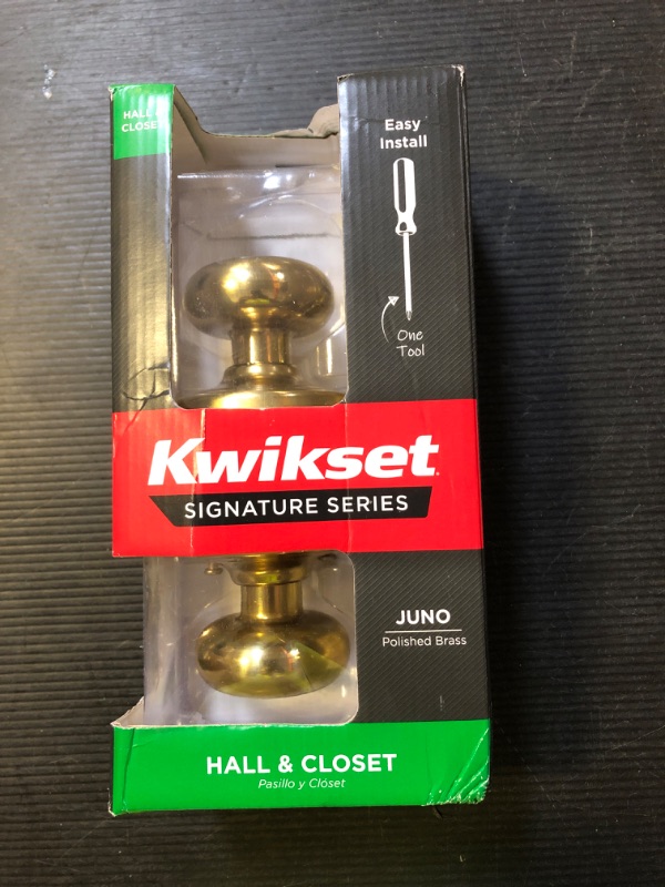 Photo 1 of Kwikset Juno Interior Passage Door Knob, Handle For Closet and Hallway Doors, Non-Locking Doorknob in Polished Brass
