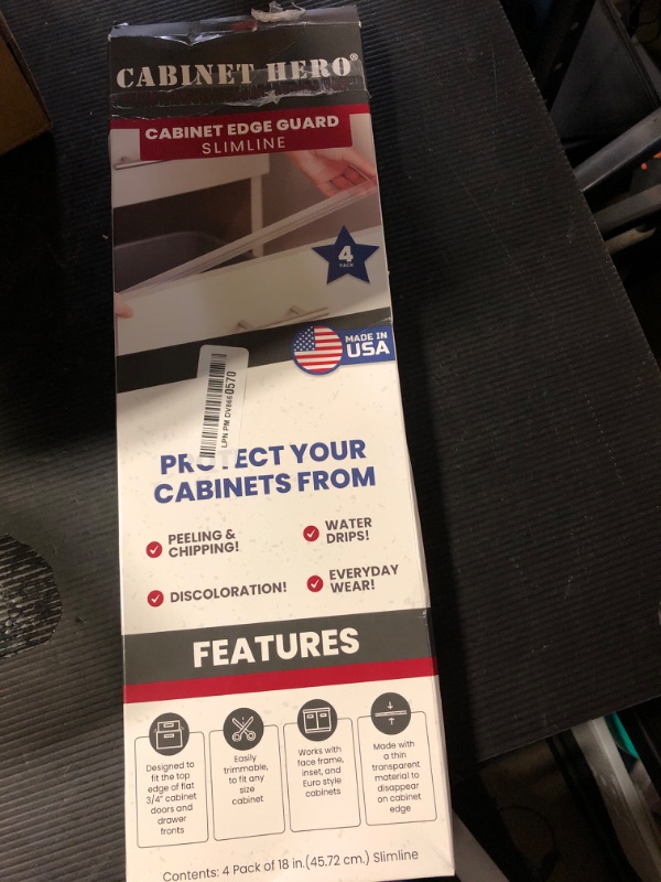 Photo 1 of Cabinet Hero Slimline Cabinet Edge Protector - Prevents Chipping, Wear, Discoloration - Drawer Edge Guard, Bumper for Drawer - Easy Slip-On Installation - 3/4" Thick, 18" Length, Clear, Pack of 4