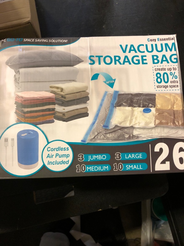 Photo 1 of Cozy Essential 26 Pack Vacuum Storage Bags with Portable Electric Pump, Vacuum Seal Space Saver Bags for Clothing, Pillows, Blanket, Bedding, Comforters