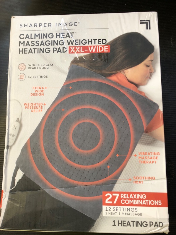 Photo 1 of Calming Heat XXL-Wide Massaging Weighted Heating Pad by Sharper Image- Electric Heating Pad with Massaging Vibrations, Auto-Off, 12 Settings- 3 Heat, 9 Massage- 27 Relaxing Combos, 20” x 24”, 5 lbs