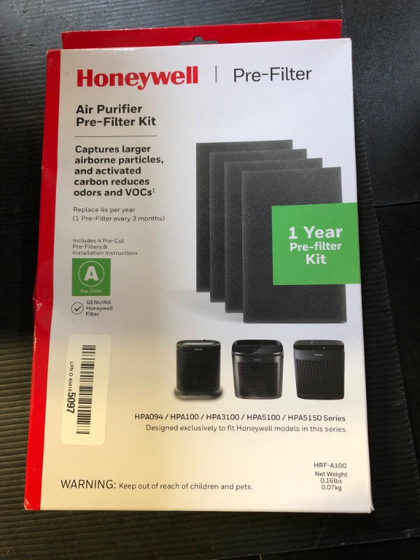 Photo 1 of Honeywell HRF-A100 Air Purifier Pre Kit Filter, 4-Pack - Allergen Air Filter Targets Dust, VOC, Pet, Kitchen, and Wildfire/Smoke Odors