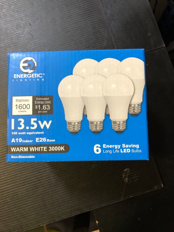 Photo 1 of E ENERGETIC LIGHTING LED Light Bulbs 100 Watt Equivalent, Warm White 3000K, 1600LM Super Bright, Non-Dimmable A19 LED Light Bulbs, E26 Standard Base, ETL Listed, 6 Packs