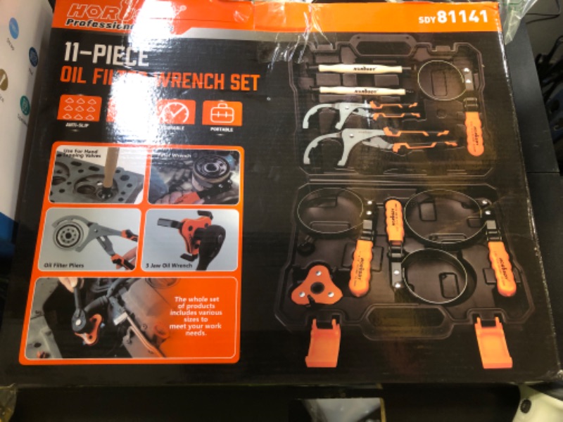 Photo 1 of 11-Piece Oil Filter Wrench Set with Storage Case - Swivel Wrenches Fit 2-3/4" to 5-1/4", Adjustable Filter Pliers (9" & 12"), Valve Lapper Set, 3-Jaw Socket, Ratchet Handle for Garage, Roadside Repair