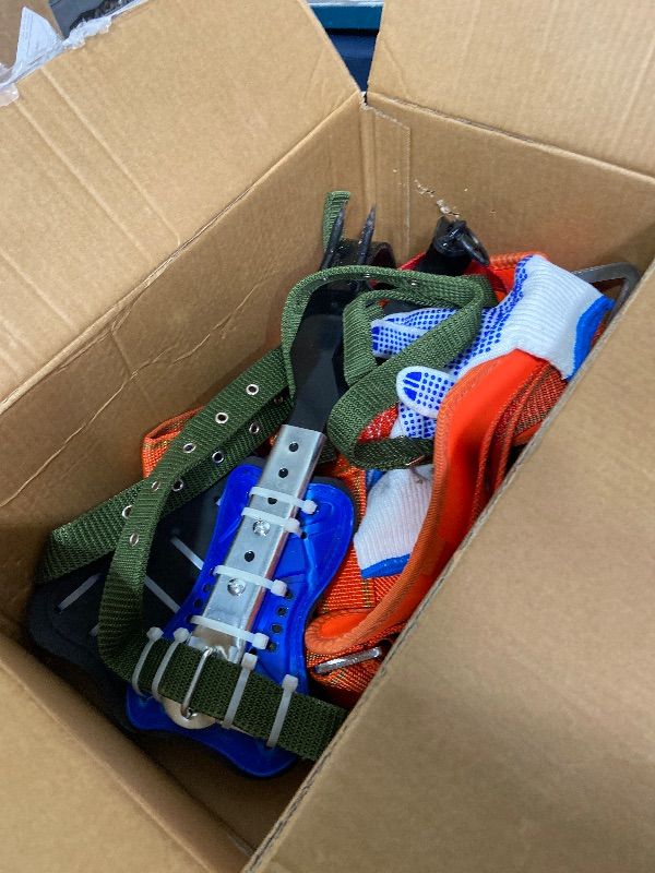 Photo 1 of Tree Climbing Spikes Set for Tree Work, Adjustable Tree Climbing Gear with Safety Seat for Tree Climbing and 10FT Steel Wire Core Flip Line Kit for Outdoor Jungle Survival Fruit Picking (Full Set)