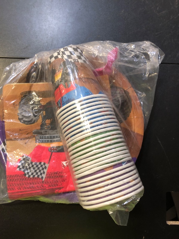 Photo 1 of K1tpde Monster Truck Party Tableware - 30set Monster Truck Theme Tablewares Set Included Disposable Checkered Flag Paper Cup Napkins for Boys Happy Birthday Decorations Party Suppliess, 30 Guest