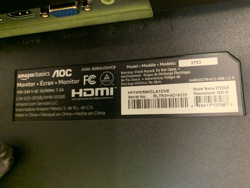 Photo 1 of Amazon Basics IPS Monitor 75 Hz Powered with AOC Technology FHD 1080P HDMI, Display Port and VGA Input VESA Compatible Built-in Speakers for Office and Home, 27 in, Black