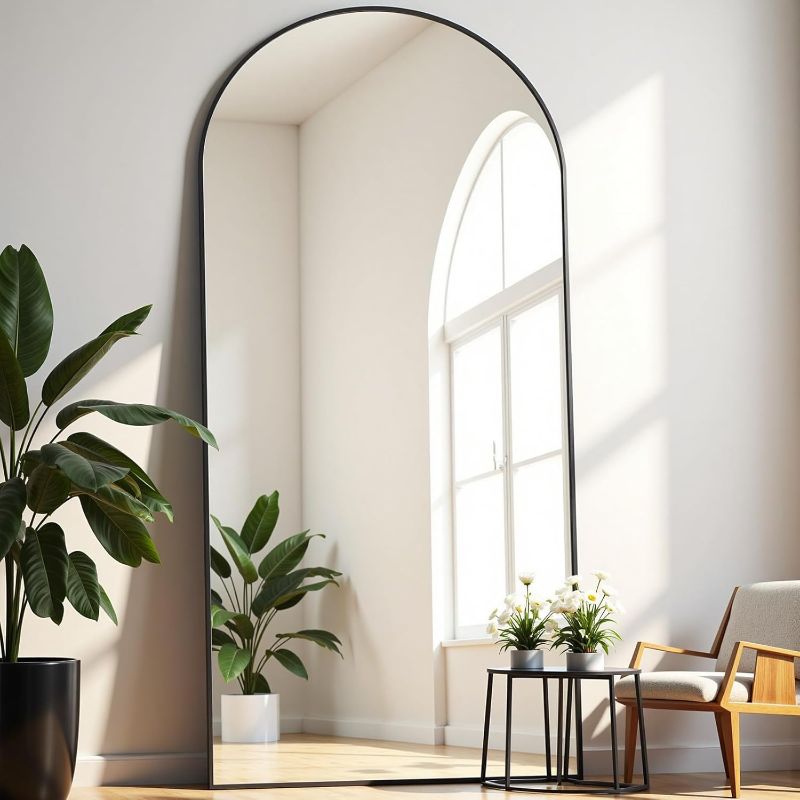 Photo 1 of Full Length Mirror, 71"*26" Arched Full Body Mirror with Stand, Large Floor Mirrors for Leaning or Hanging, Big Mirrors for Bedroom, Living Room,Dressing Room, Aluminum Alloy Frame, Black
