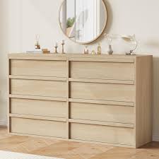 Photo 1 of Qeetex 8 Drawer Dresser for Bedroom - 54inch Wide Modern Double Dresser Organizer with Concave Handles - Wooden Chest of Drawers for Living Room/Nursery and Hallway - Natural
