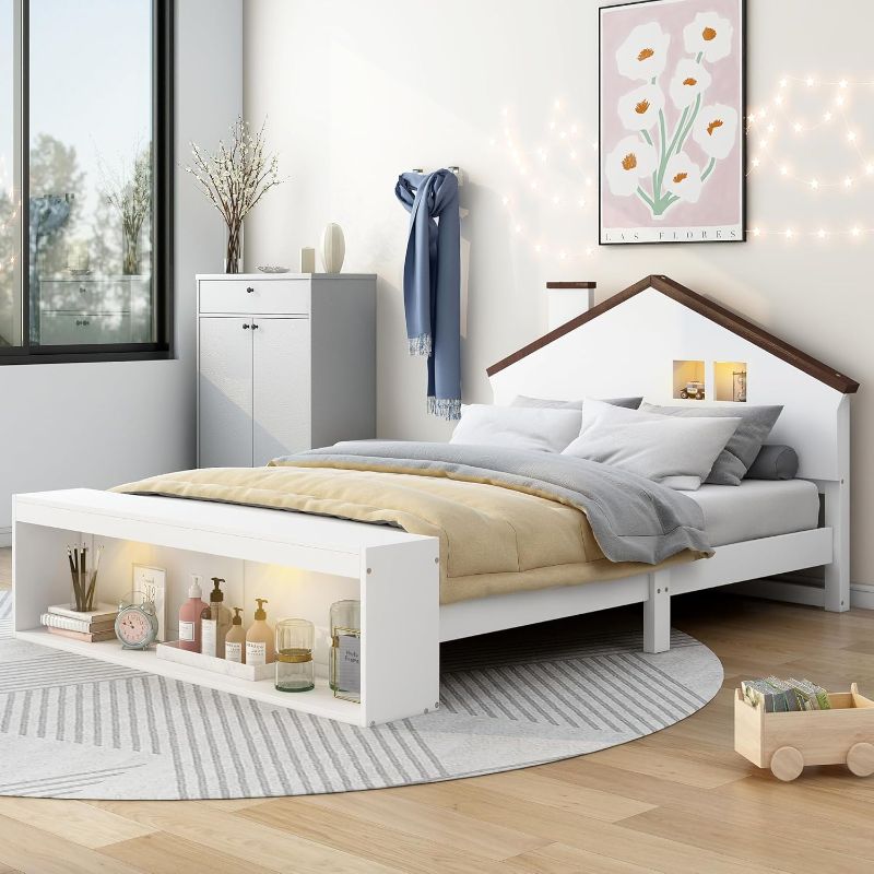 Photo 1 of Full Size House Platform Bed with LED Lights and Storage, White?wenjingqiUS-WF302988AAK