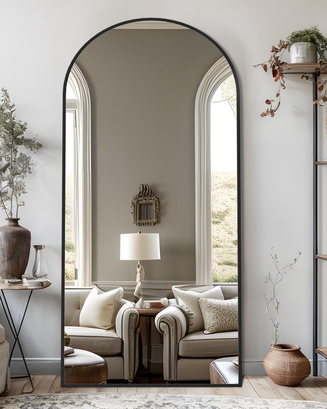 Photo 1 of Full Length Mirror, 71"x32" Arched Floor Mirror Freestanding, Oversized Floor Standing Full Body Mirror with Stand for Bedroom, Hanging Mounted for Living Room Cloakroom, Black
