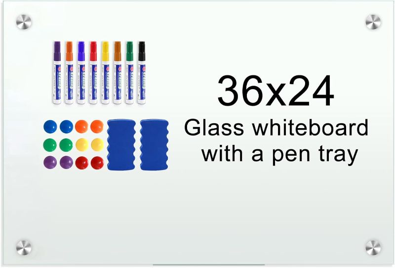 Photo 1 of H-Qprobd Glass Whiteboard 36"x24" Magnetic Dry Erase White Board for Wall, Includes 12 Magnets, 8 Markers and 2 Erasers
