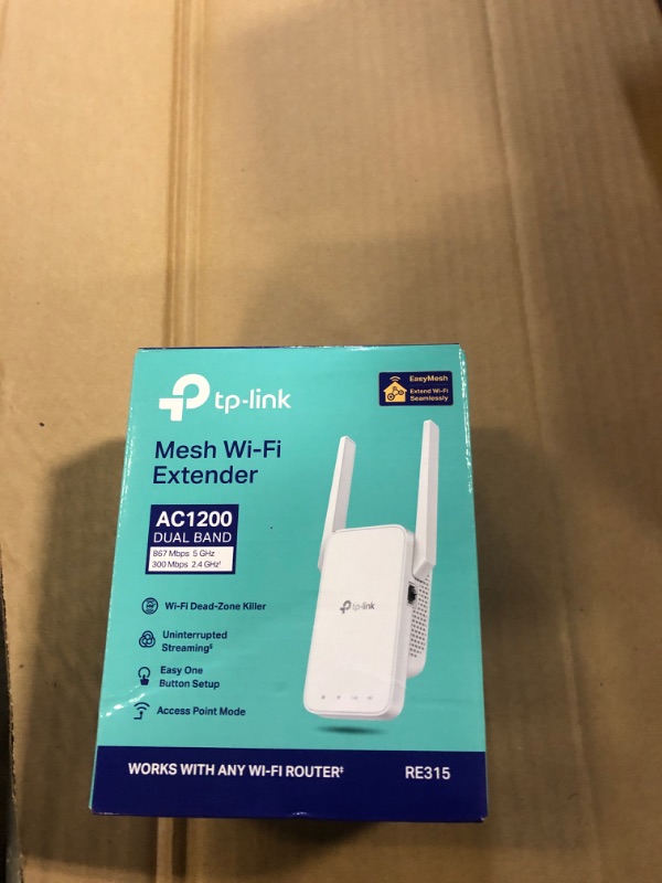 Photo 1 of TP-Link AC1200 WiFi Extender, 2025 Wirecutter Best WiFi Extender, 1.2Gbps Home Signal Booster, Dual Band 5GHz/2.4GHz, Up to 1600 Sq.ft and 32 Devices, EasyMesh Compatible, One Ethernet Port (RE315)