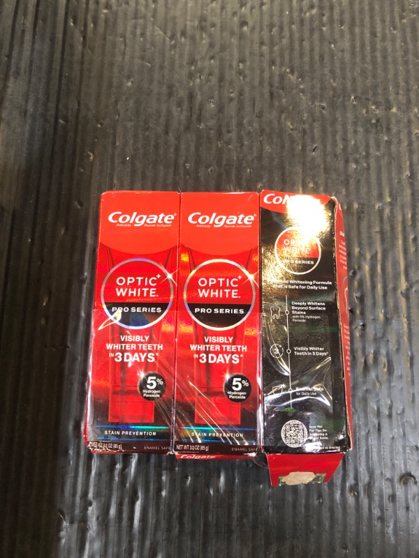 Photo 1 of Colgate Optic White Pro Series Stain Prevention Hydrogen Peroxide Toothpaste, Teeth Whitening Toothpaste, Effectively Removes Tea, Coffee, and Wine Stains, Enamel-Safe for Daily Use, 3 Pack, 3.0 oz