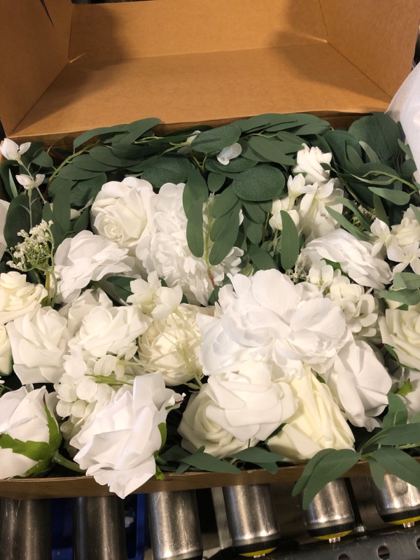 Photo 1 of Ling's moment Artificial Wedding Arch Flowers Kit Pack of 4, 2pcs Hanging Silk Flowers Arrangement 2pcs Chiffon Drapes Ceremony Spring Fake Rose Arbor Backdrop White Sage Floral Party Outdoor Decor