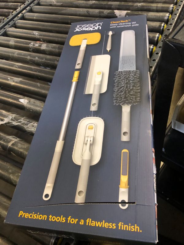 Photo 1 of Joseph Joseph CleanTech 6-Piece Cleaning Set with Extension Handle, Includes: Glass Cleaner w/Squeegee, Tile Scrubber, Grout Brush, Surface Cleaner and Duster with Telescopic Pole for Ceiling Fan