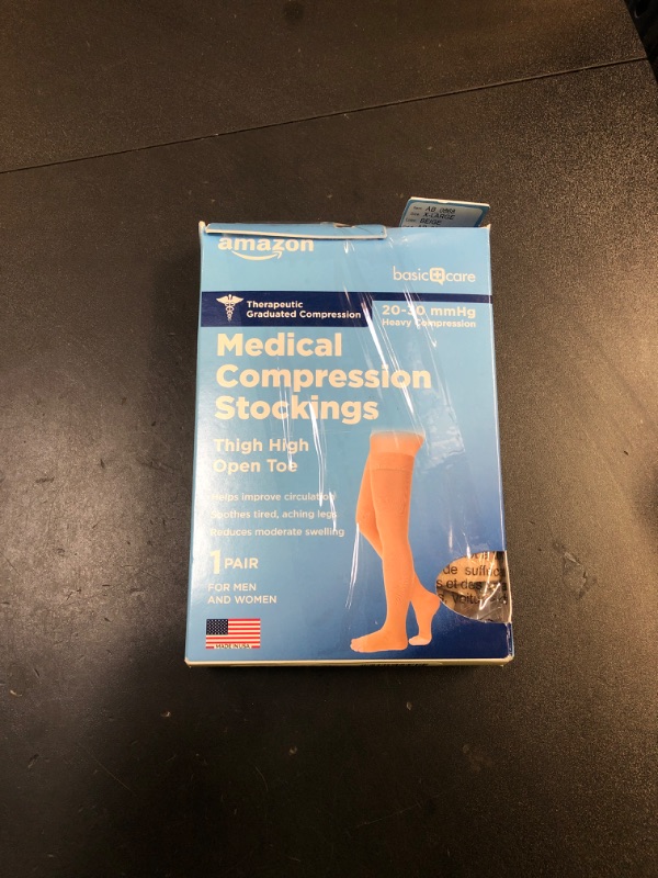 Photo 1 of Amazon Basic Care Medical Compression Stockings, 20-30 mmHg Support, Women & Men Thigh Length Hose, Open Toe, Beige, X-Large (Previously NuVein)
