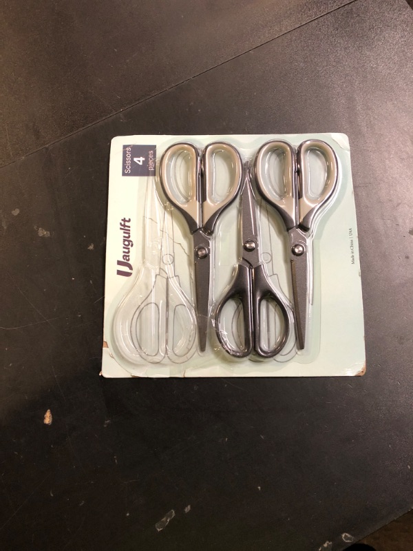 Photo 1 of Uaugulft Titanium Scissors, Professional Multi-Purpose Scissors with Stainless Steel Blades, Soft Grip Handle, Great for Office School Sewing Craft Supplies, Grey Black/All Black, 4 Pack (missing 1 scissor)
