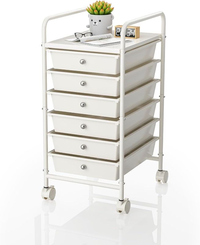 Photo 1 of 6-Tier Utility Cart with 6 Drawers, Rolling Utility Cart with 2 Lockable Caster Wheels, Multipurpose Mobile Rolling Drawer Cart for Office Bathroom Kitchen, Ivory White
